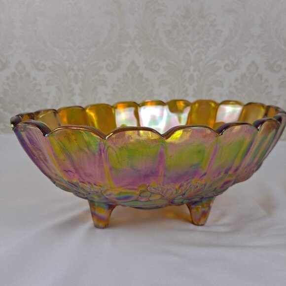 Indiana Glass Amber Carnival Glass Oval Footed Fruit Bowl Embossed Vintage - Picture 4 of 11